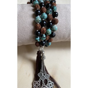 Mala aus Türkis, Schwarzem Turmalin und Rudraksha