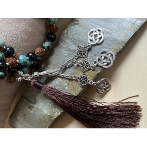 Mala aus Türkis, Schwarzem Turmalin und Rudraksha