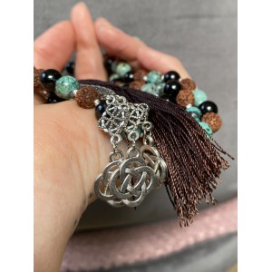 Mala aus Türkis, Schwarzem Turmalin und Rudraksha