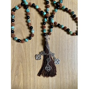 Mala aus Türkis, Schwarzem Turmalin und Rudraksha