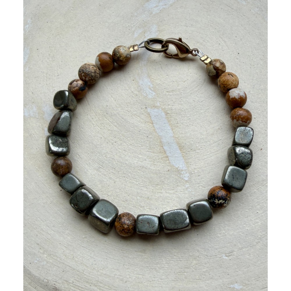 Armband aus Pyrit Würfeln und Jaspis Perlen